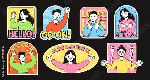 Cartoon style sticker set with expressive characters showing positive phrases like Hello and Amazing on a black background. Vector illustration