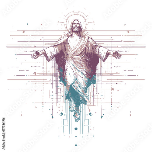 Abstract geometric spiritual illustration of a divine Christ figure, embodying faith, salvation, and ascension, with an aura of heavenly light.