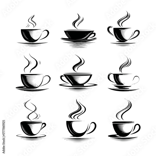 Set of black and white stylized steaming coffee cups. Collection of hot drink mugs with steam, ideal for cafe, bistro, and restaurant designs.