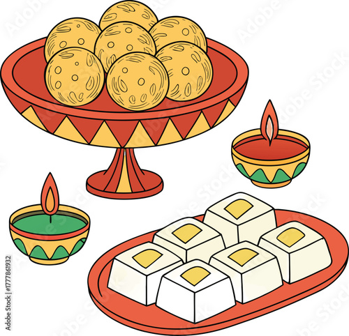 Celebrate Diwali with traditional sweets and vibrant diyas, perfect for festive greetings and cultural event promotions, radiating warmth and deliciousness