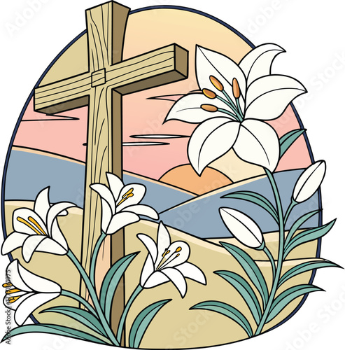 Elegant Easter lily flowers and wooden cross against a sunset landscape, a symbol of hope and renewal, perfect for religious greetings and springtime celebrations