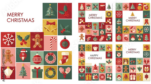 Festive christmasthemed patchwork designs, isolated on white background, featuring a delightful array of holiday icons and patterns in a charming and colorful arrangement for seasonal cheer