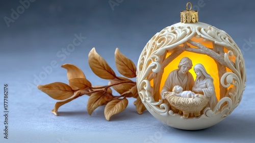 Elegant minimalist porcelain sphere glowing from within, featuring simplified Nativity bas-relief of Mary, Joseph, and baby Jesus, Christmas and New Year 2026.