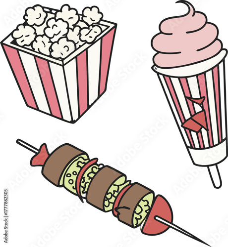 Delightful assortment of classic fairground treats including fluffy popcorn, sweet ice cream cone, and savory grilled skewer