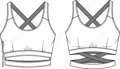 Crisscross strap sports bra, technical fashion sketch, front and back view, athletic wear design, contour lines, garment construction, activewear illustration