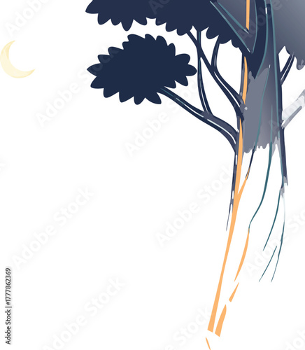 Serene crescent moon shines softly over stylized tree branches creating a tranquil nighttime atmosphere, perfect for peaceful concepts