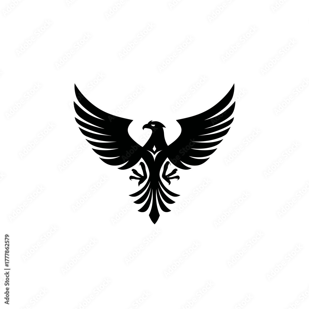 Naklejka premium Majestic black eagle or phoenix silhouette with powerful wings spread in flight. Emblem of strength, freedom, and triumph.