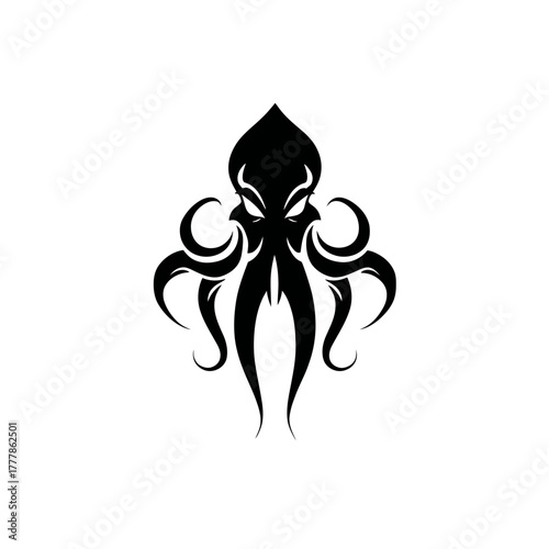 Stylized black octopus illustration, menacing kraken silhouette, tribal sea monster design, mythical ocean creature vector art
