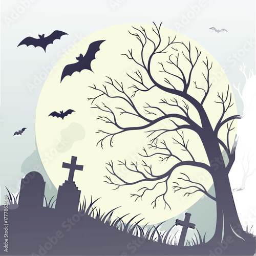 Spooky Halloween night scene with bats flying around a full moon, graves, and eerie tree silhouette