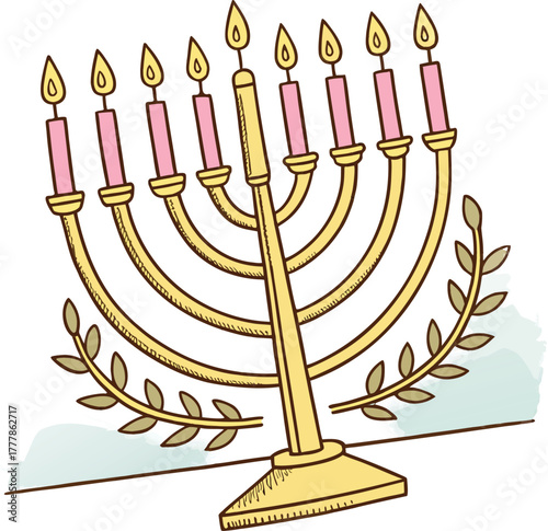Elegant hand-drawn menorah illustration with lit candles, perfect for Hanukkah celebrations and religious designs