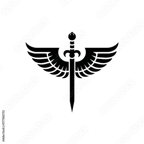 Stylized winged sword emblem graphic design. Ancient warrior symbol of power, freedom, strength, justice, and protection.