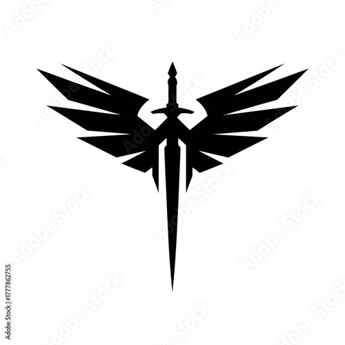 Black stylized winged sword emblem. Powerful fantasy warrior or guardian icon, heroic crest graphic design element.