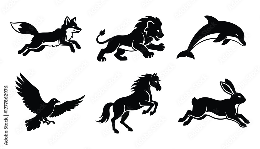 Obraz premium Set of running and jumping wild animals in dynamic poses: running fox, running lion, jumping dolphin, flying dove, rearing horse, and running rabbit