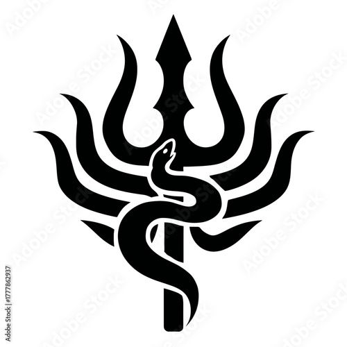 Black vector illustration of a trishula with a coiled snake. Ancient Hindu spiritual symbol for mythology, religion, and divine power.