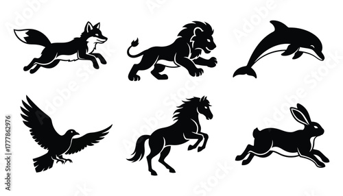 Set of running and jumping wild animals in dynamic poses: running fox, running lion, jumping dolphin, flying dove, rearing horse, and running rabbit