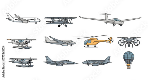 Illustration of various types of aircraft including planes helicopter drone and hot air balloon design