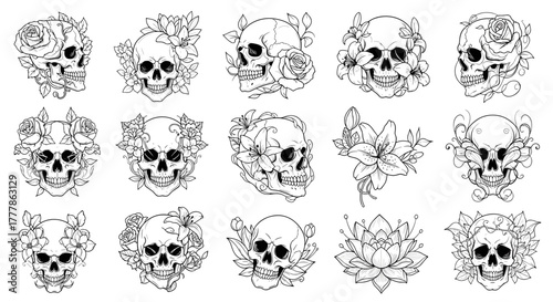 Collection of fifteen skulls adorned with various flowers in a detailed line art style illustration