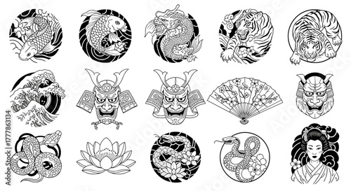 Collection of japanese themed tattoo designs featuring dragons koi fish and samurai masks and other elements