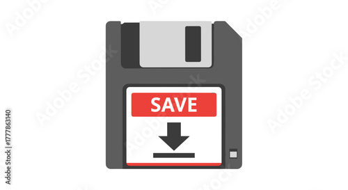 Illustration of a floppy disk with a save icon and the word save on a red rectangle label