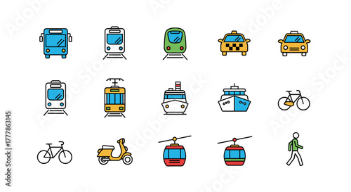Illustration showing various modes of transportation including bus train taxi ship bicycle and cable car icons