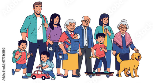 Cartoon illustration of a large extended family group with children grandparents and a golden retriever dog