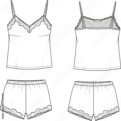 Women's lingerie fashion sketch, camisole and shorts, front and back view, lace trim, technical drawing, garment design, apparel template