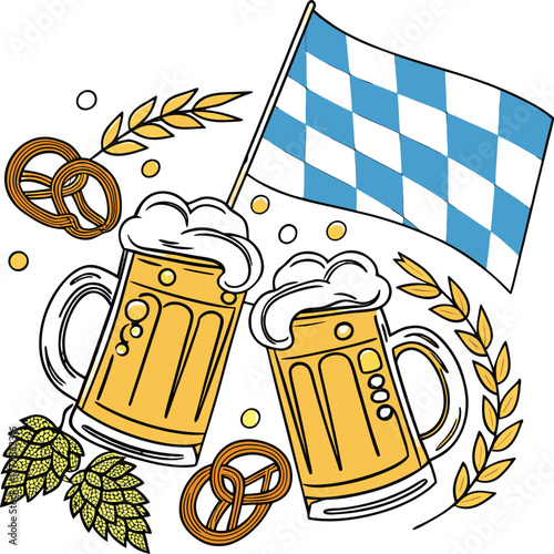 Oktoberfest celebration with overflowing beer mugs, pretzels, and Bavarian flag, perfect for festive designs and events
