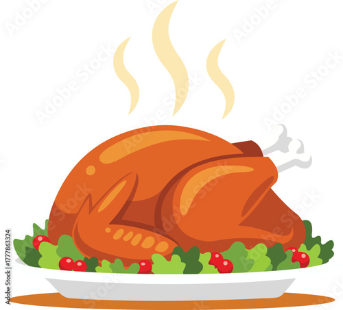 A delicious roasted turkey, garnished with lettuce and cranberries, steaming hot and ready to serve, isolated on white background