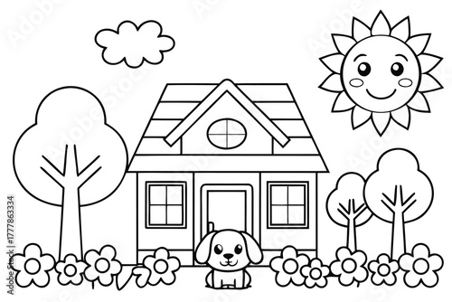 Cute cartoon dog in front of house coloring page