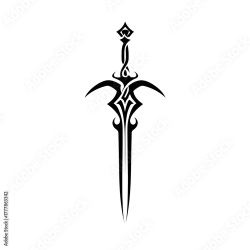 Stylized tribal fantasy sword black silhouette vector icon. Warrior weapon design with ornate blade and handle, ancient emblem.