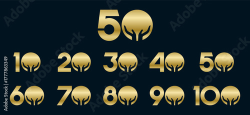 Set of collection numbers 10 to 100 with hand giving elements vector illustration. Caring hands element with numbers 10, 20, 30, 40, 50, 60, 70, 80, 90, 100 for greetings, anniversaries and more.