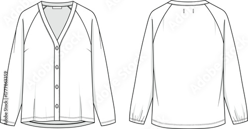 Women's cardigan flat sketch, technical fashion illustration, front and back view, V-neck, raglan sleeve, button-down, garment design template
