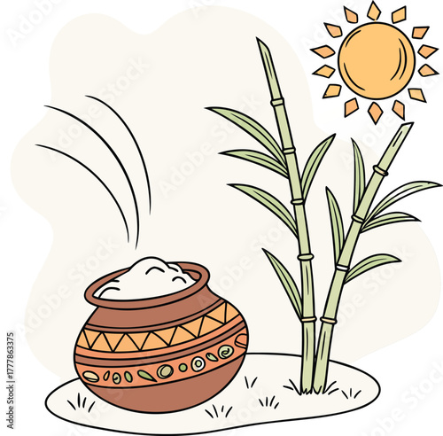 Vibrant Pongal celebration with traditional pot overflowing, sugarcane, and warm sunshine, perfect for cultural projects and festive designs