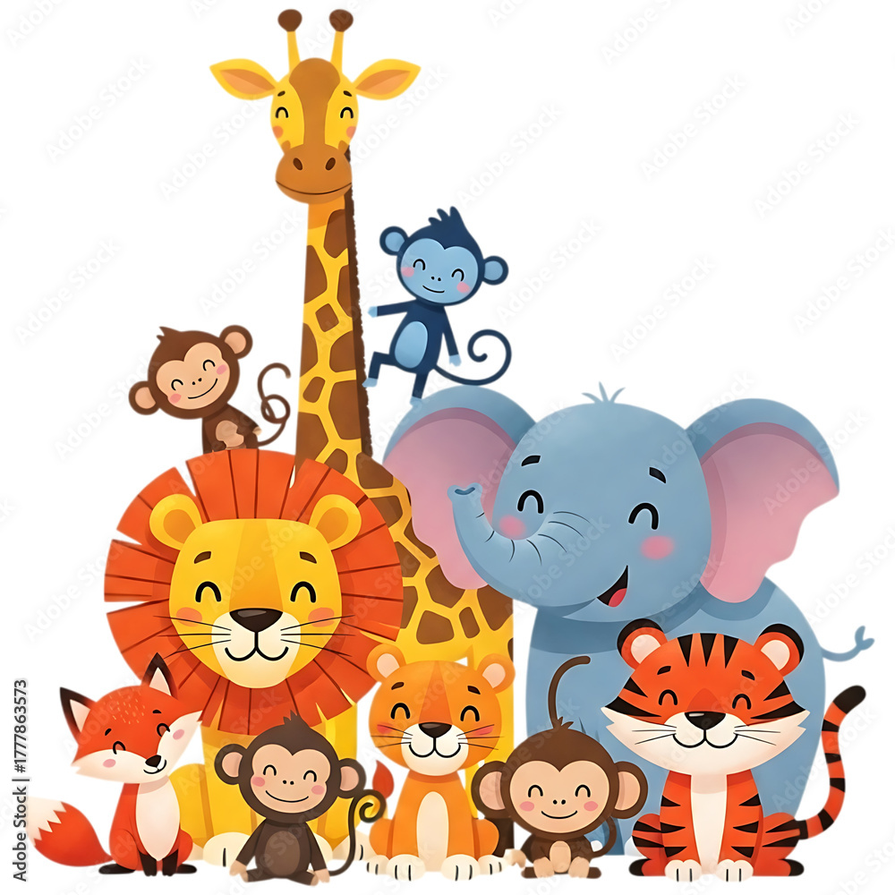 Naklejka premium Cartoon jungle animals group illustration with giraffe elephant lion tiger monkeys fox