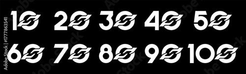 Set of collection numbers 10 to 100 with hand giving elements vector illustration. Caring hands element with numbers 10, 20, 30, 40, 50, 60, 70, 80, 90, 100 for greetings, anniversaries and more.