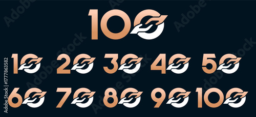 Set of collection numbers 10 to 100 with hand giving elements vector illustration. Caring hands element with numbers 10, 20, 30, 40, 50, 60, 70, 80, 90, 100 for greetings, anniversaries and more.