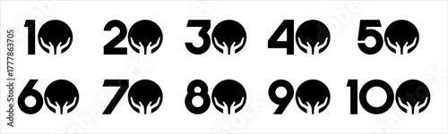 Set of collection numbers 10 to 100 with hand giving elements vector illustration. Caring hands element with numbers 10, 20, 30, 40, 50, 60, 70, 80, 90, 100 for greetings, anniversaries and more.