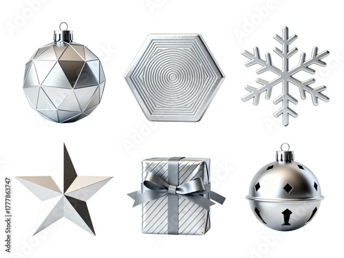 Elegant silver Christmas ornaments create festive holiday magic, perfect for winter celebrations