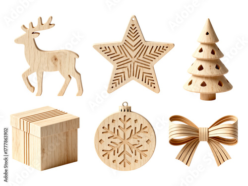 Rustic wooden Christmas ornaments set holiday cheer create a cozy festive celebration atmosphere gifts