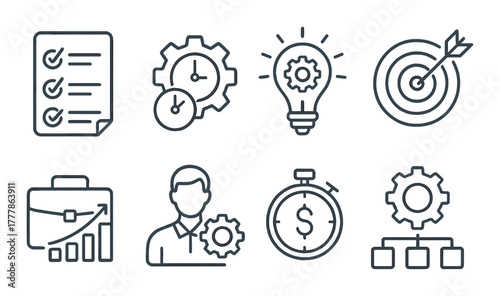 Business strategy icons including gear lightbulb stopwatch arrow target