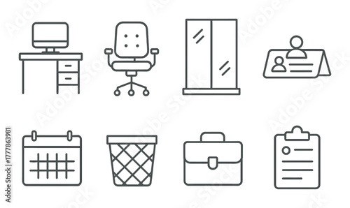 Monochrome office items: desk, chair, cabinet, id badge, calendar, trash bin, briefcase, clipboard
