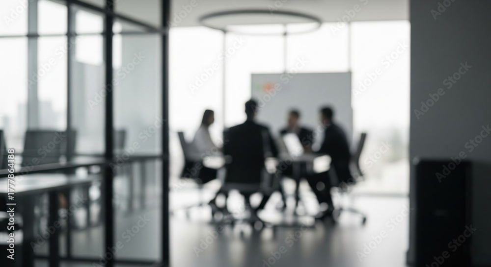 Fototapeta premium Blurred office workspace, interior workplace with cityscape for business presentation background