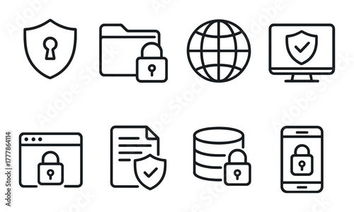 Cybersecurity icons set: shield, lock, computer, data, and web protection symbols