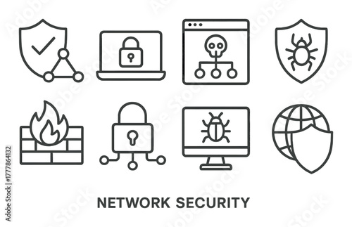 Cybersecurity icon set featuring antivirus, firewalls, and encryption