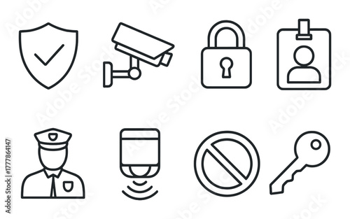 Security icon set including surveillance camera, shield, lock, badge, policeman, key