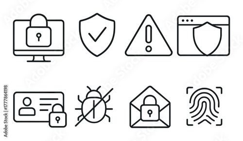 Digital security icons collection: lock, shield, warning, bug, fingerprint, encryption
