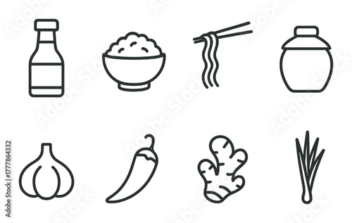 Asian cuisine ingredients icons: soy sauce, rice, noodles, jar, garlic, chili, ginger, scallion