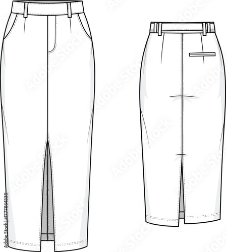 Technical fashion sketch, pencil skirt front back view, high waist, belt loops, slit hem, pockets, garment design, apparel template, illustration