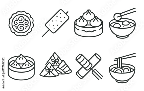 Traditional asian food icons: dumplings, mooncake, noodles, rice snacks
