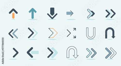 A collection of minimalist arrow icons in various directions and styles, featuring up, down, left, right, double, and curved arrows.